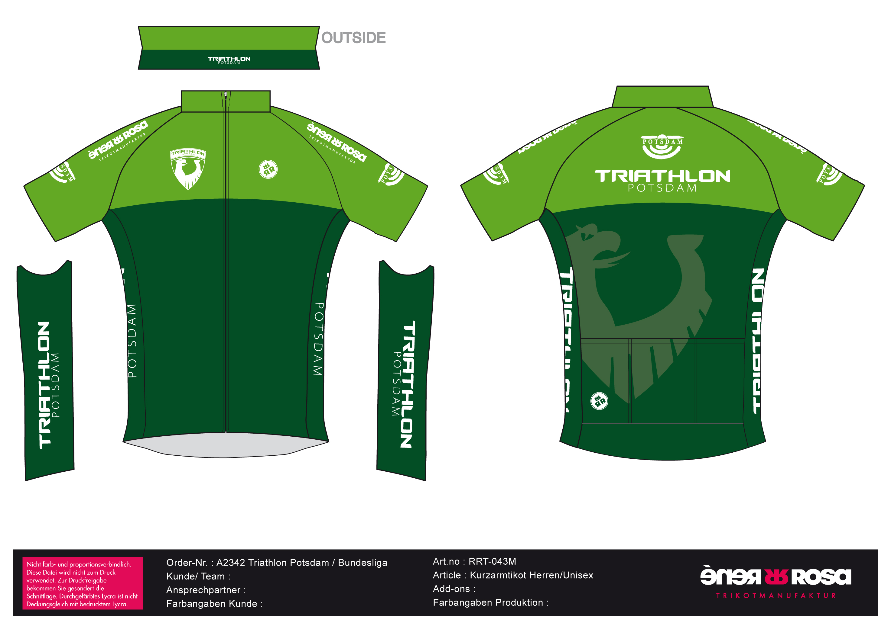 Kurzarm Radtrikot RRT043M Unisex / Triathlon Potsdam - Grün Verein + Bundesliga Team