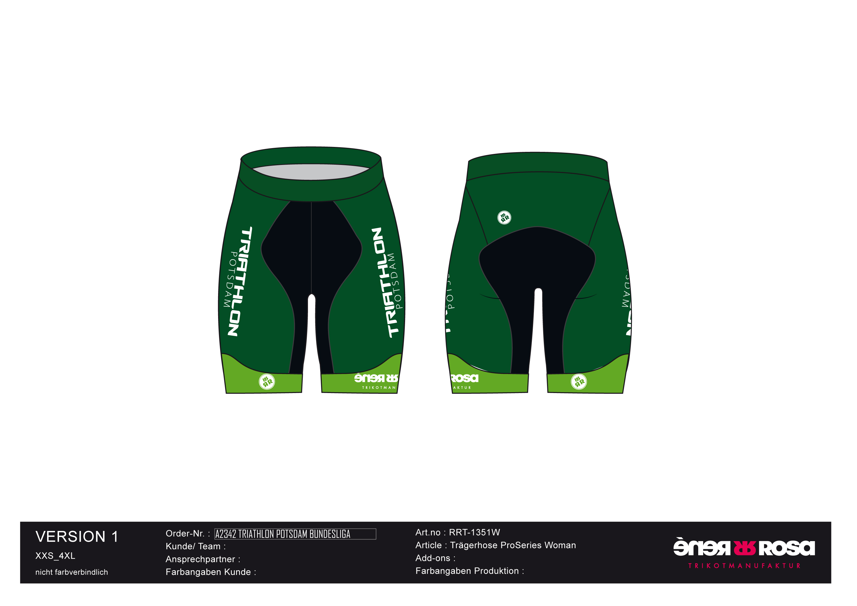 Bundhose ProSeries RRT1351W Damen / Triathlon Potsdam - Grün Verein + Bundesliga Team