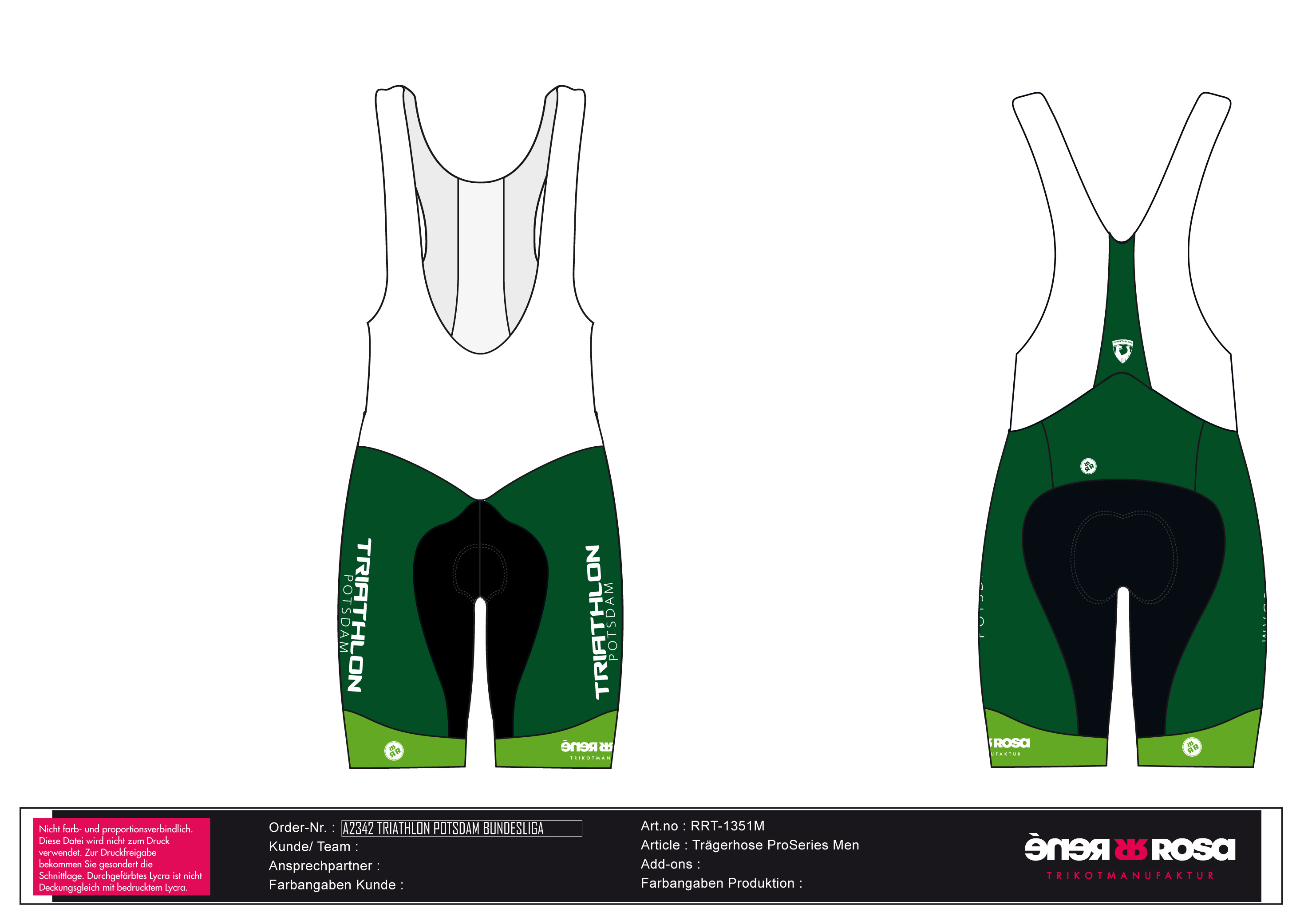 Trägerhose Herren Polster ProSeries RRT1351M / Triathlon Potsdam - Grün Verein + Bundesliga Team